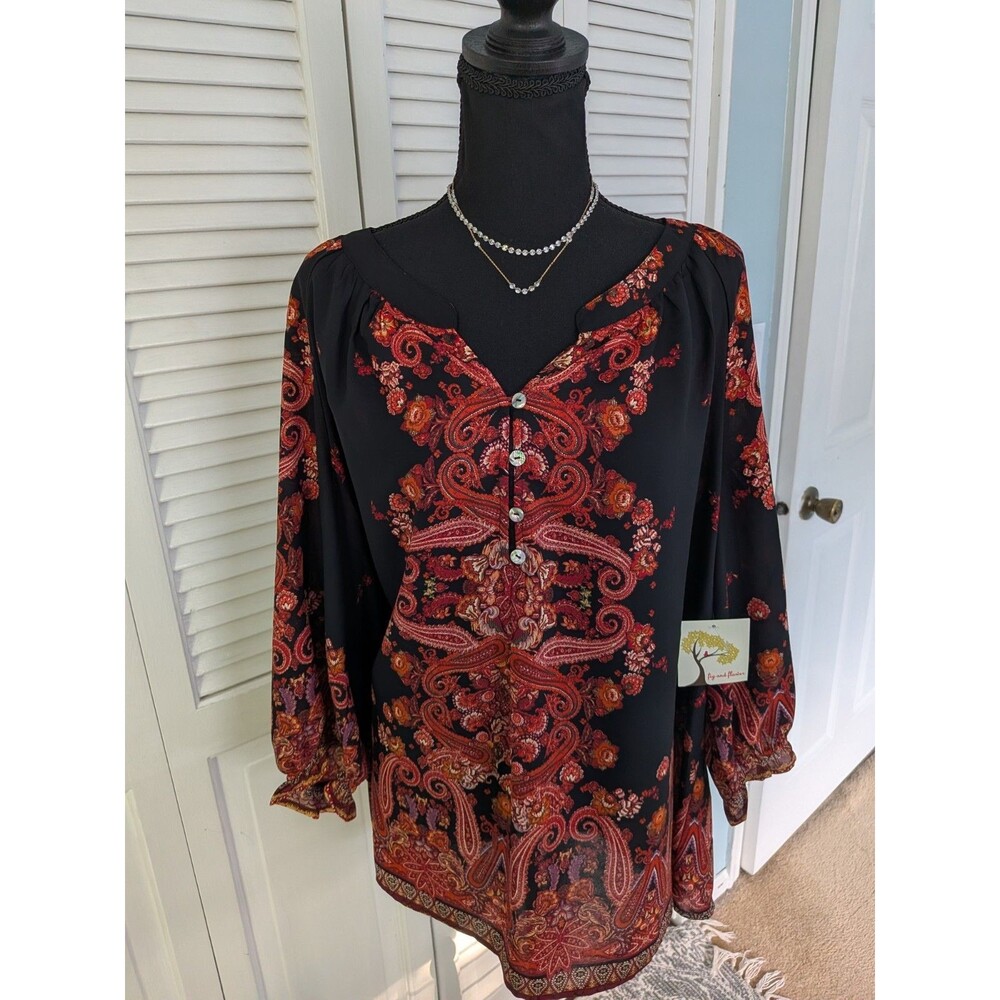 Fig & Flower Anthropologie Blouse Womens 2X Black Orange Boho Paisley Tunic Top